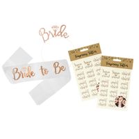 Akcesoria na wieczór panieński Bride to Be szarfa opaska tatuaże rose gold