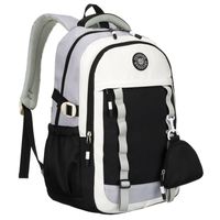 białoczarny plecak szkolny z poliestru z poręczną dodatkową saszetką
