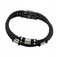Męska bransoletka skórzana pleciona stal chirurgiczna czarna 03