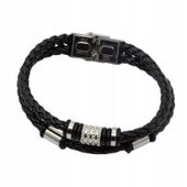Męska bransoletka skórzana pleciona stal chirurgiczna czarna 03
