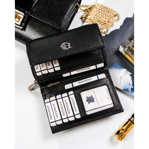 modny, skórzany portfel damski na zatrzask w czarnym kolorze - rovicky na Arena.pl