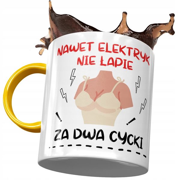 Kubek Żółty Śmieszny Nawet Elektryk Nie Łapie Z Nadrukiem Ze Zdjęciem zdjęcie 1