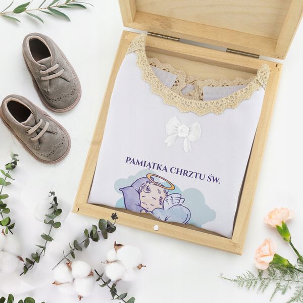 SZATKA NA CHRZEST Z NADRUKIEM IMIĘ DATA i PUDEŁKO zdjęcie 4