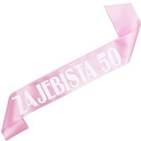 Zajebista 50 - jasno różowa szarfa z białym nadrukiem