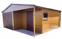 GARAŻ BLASZANY 6m x 6m poziom - dwuspad - Brama + drzwi + okno - wnęka jasny orzech + brąz BOX42 6x6