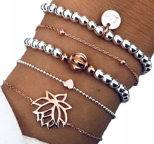 Zestaw 5 Bransoletek Srebrnych Złotych Liść Serce na Arena.pl