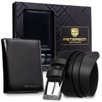 zestaw prezentowy: skórzany, pionowy portfel męski w czarnym kolorze