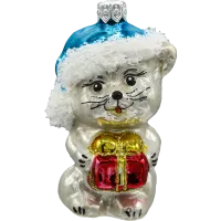 Bombka choinkowa szklana:Kotek w Świątecznej niebieskiej czapce z prezentem