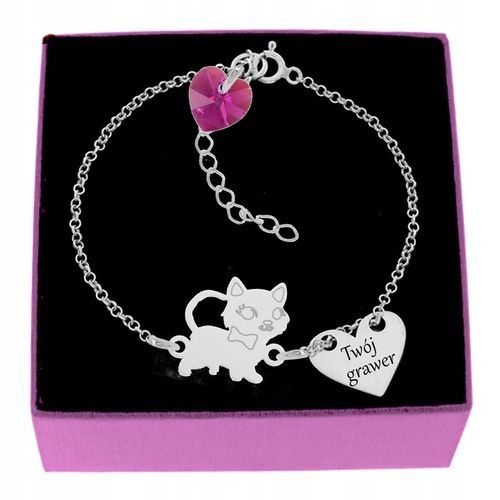 BRANSOLETKA SREBRNA KOTEK I SERCE Z GRAWEREM KR. SWAROVSKI SREBRO 925 na Arena.pl