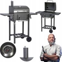 GRILL WEGLOWY OGRODOWY KOMIN ŻELIWNY RUSZT Z POKRYWĄ POPIELNIK + TERMOMETR