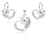 Delikatny rodowany srebrny wiszący komplet serca jednorożce unicorn cyrkonie srebro 925 Z1728DZGR_MUBL