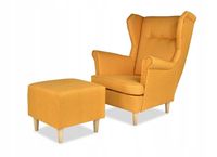 Fotel uszak ARI z podnóżkiem, skandynawski Family Meble w musztardowym