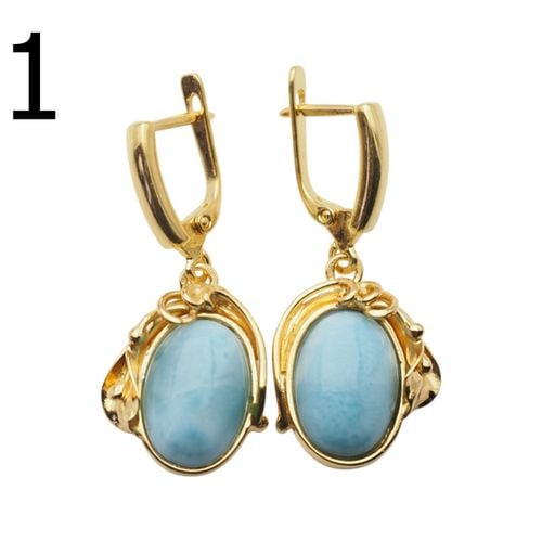 Kolczyki - larimar owal w srebrze złoconym z liśćmi 1 na Arena.pl