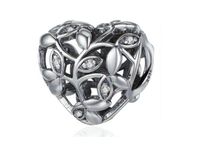 Rodowany srebrny charms do pandora serce ażurowe gałązki listki cyrkonie srebro 925 BEAD141