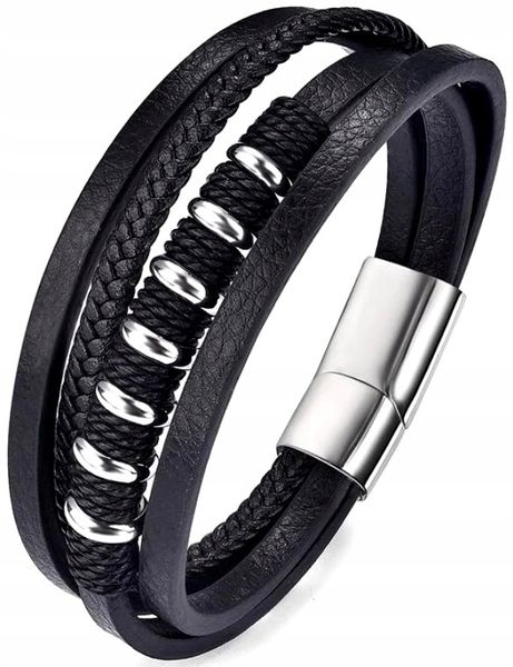 Czarna Bransoletka Punk Warkocz Męska Stal Skóra zdjęcie 4