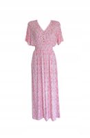 Długa Maxi Sukienka W Liście Z Rozporkiem Na Nogi Róż Z Białym M/L