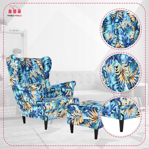 Fotel uszak ARI PRINT z podnóżkiem, skandynawski Family Meble monstera na Arena.pl