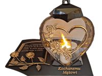 MĄŻ MĘŻOWI ZNICZ LAMPION NA GRÓB SERCE I SERCE ZŁOTO SKOS SENTENCJA+ŚWIECA