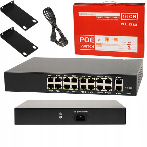 SWITCH POE DO KAMER IP 16xPOE 240Mbps 2xUpLINK 240W Extend mode MDI zdjęcie 1