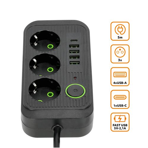 Przedłużacz Listwa Zasilająca 5m 3gn + 4x USB-A + USB-C Wyłącznik Czarny na Arena.pl