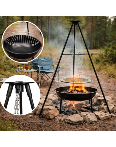 PALENISKO TRÓJNÓG GRILL OGRODOWY OGNISKOWY WISZĄCY DUŻY RUSZT CHROMOWANY 50 na Arena.pl