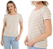 Damska Koszulka T-shirt Bawełniana w Paski Klasyczna BEŻOWA MORAJ M