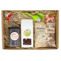 Zestaw prezentowy z mieszanką bakalii, miodem i herbatką