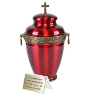 Piękna czerwona metalowa urna kremacyjna Urna pogrzebowa / Plakietka