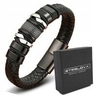 CZARNA BRANSOLETA SKÓRA Z OBRĘCZAMI PLECIONKA STAL