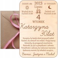 DREWNIANA KARTKA Z KALENDARZA URODZINOWA PREZENT NA 18 20 30 35 40 45 50 55