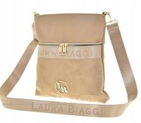 Laura Biaggi - torebka listonoszka zamek ciemny beż groszek + zamsz A328