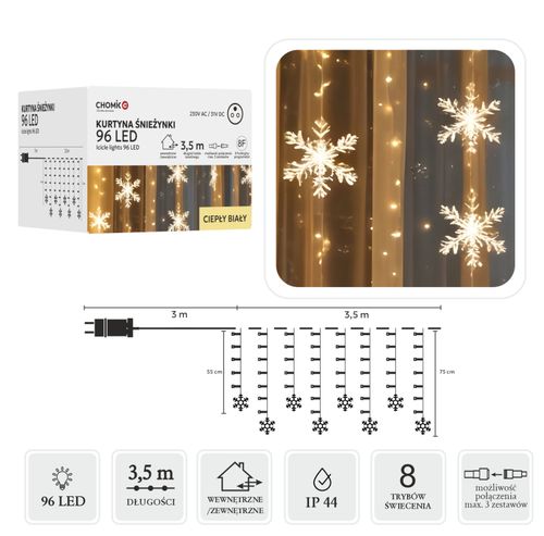 KURTYNA ŚWIETLNA LAMPKI ŚNIEŻYNKI 96 LED BIAŁY CIEPŁY GIRLANDA OKIENNA 3,5m na Arena.pl