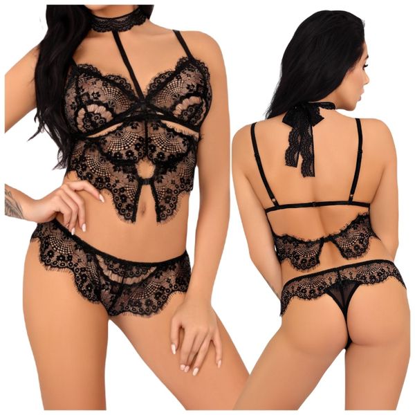 KOMPLET BIELIZNY TOP+CHOKER KORONKA STRINGI S/M zdjęcie 1