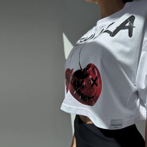 Chiara Wear - T-shirt crop top CHERRY - biały XS na Arena.pl