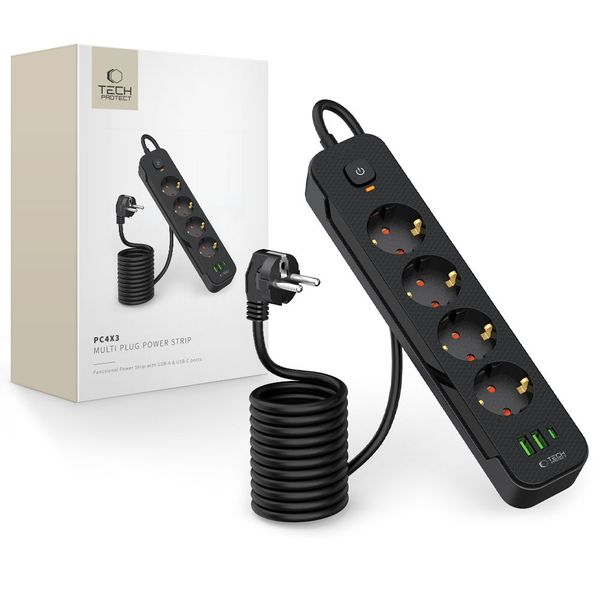 tech-protect pcl4x3 power strip long 2 usb & 1 type-c & 4 socket zdjęcie 1