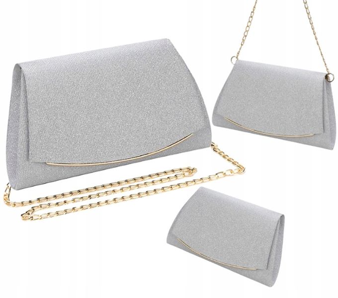 Srebrna Torebka Wieczorowa Kopertówka Wizytowa Łańcuszek Elegancka zdjęcie 11