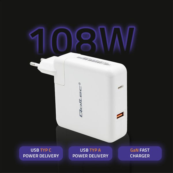 Qoltec Ładowarka GaN FAST 108W 5-20V 3-4.7A USB C Biała zdjęcie 4