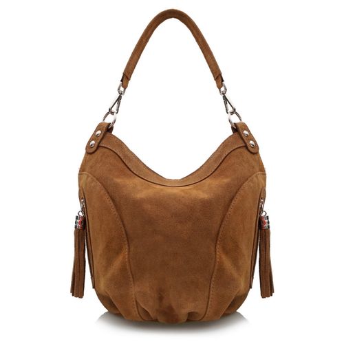 VERA PELLE torebka zamszowa worek z frędzelkami i paskiem V322 camel na Arena.pl