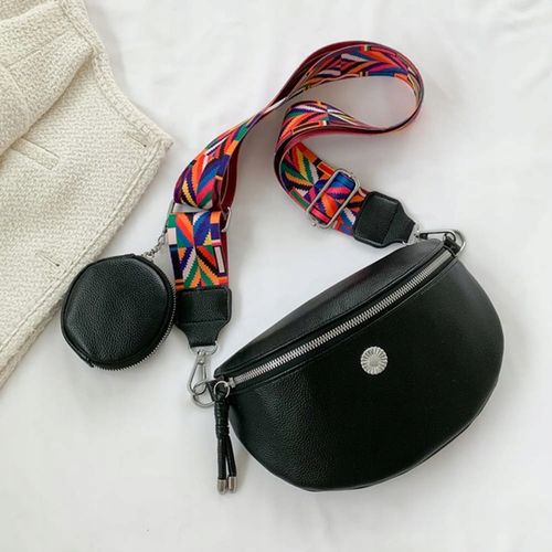 NERKA CZARNA SASZETKA DAMSKA POJEMNA SZEROKI KOLOROWY PASEK SKÓRA EKO na Arena.pl