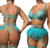 KOMPLET Bielizny Damskiej STANIK Sukienka PASY STRINGI TURKUSOWY S