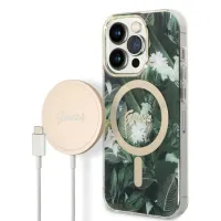 Etui Guess Jungle MagSafe na iPhone 14 Pro + ładowarka indukcyjna - zielone