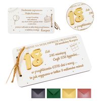 Białe drewniane personalizowane zaproszenie na 18 urodziny z kopertą