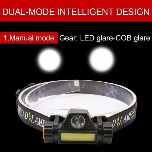 Mała lekka latarka czołowa nagłowna akumulatorowa LED T6+ moduł COB zdjęcie 8
