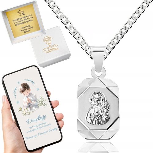 Łańcuszek srebrny pancerka i medalik Matka Boska na komunię na chrzest 50cm na Arena.pl