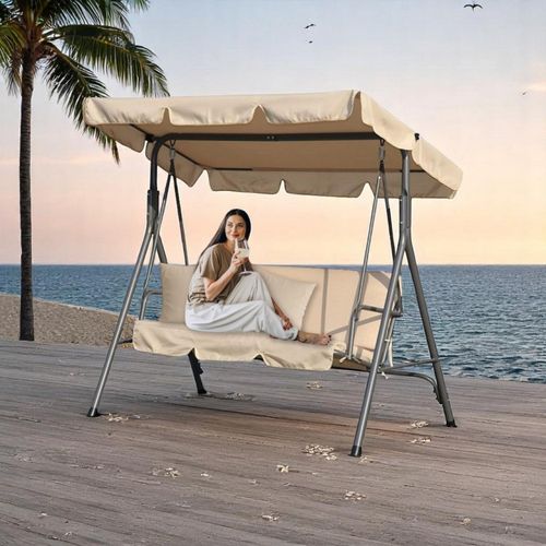 huśtawka ogrodowa 3-osobowa z baldachimem i 2 poduszkami, beżowa ho01k na Arena.pl