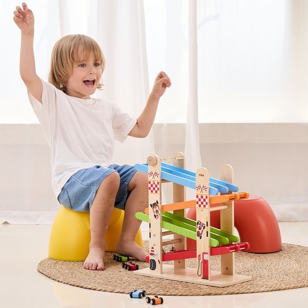 VIGA Drewniana Podwójna Zjeżdżalnia Dla Samochodzików Tor Wyścigowy zdjęcie 17