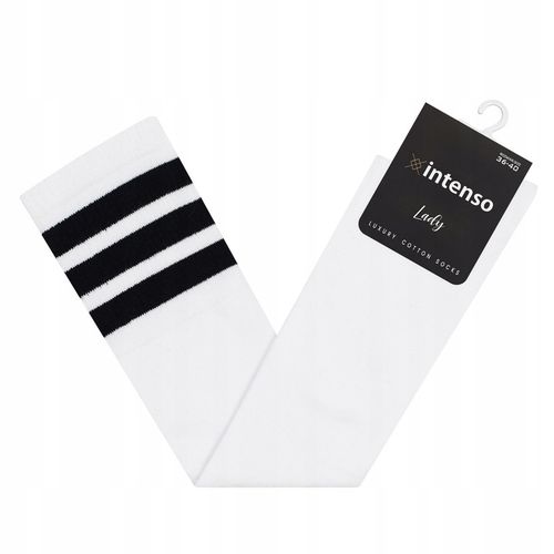 Zakolanówki bawełniane Intenso w paski BIAŁE PL na Arena.pl
