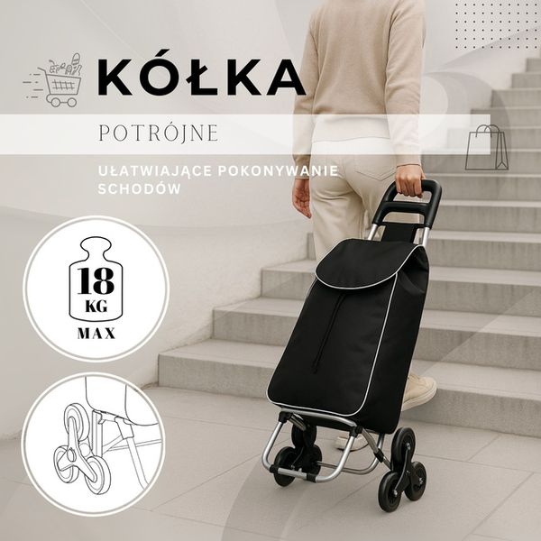 Wózek na zakupy, walizka zakupowa dla seniora 30 l torba na 6 kółkach, schodowa szaro-czarny zdjęcie 3