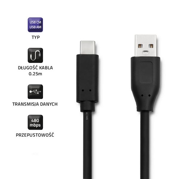 Qoltec Kabel USB 3.1 typ C męski | USB 2.0 A męski | 0.25m zdjęcie 3
