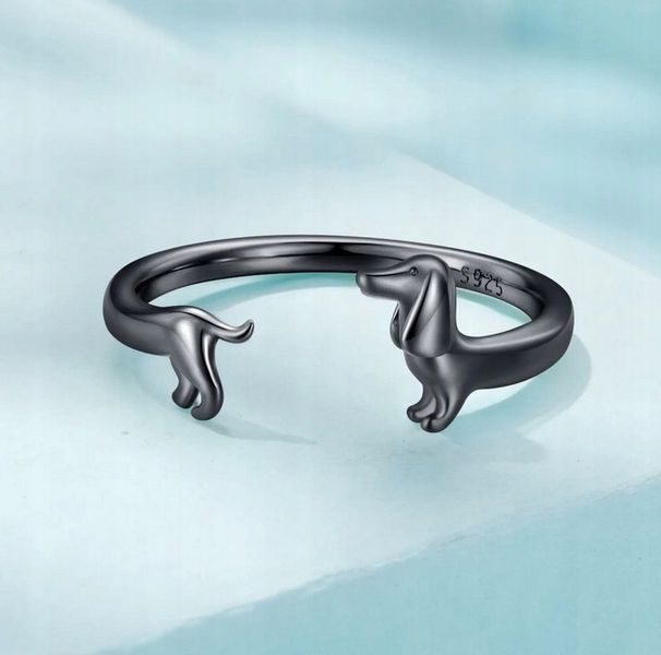 Pierścionek srebrny PIES CZARNY JAMNIK regulowany s925 +pudełko zdjęcie 3